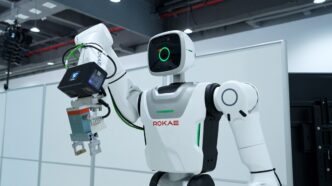 A white ROKAE-branded humanoid robot with a green face display working at an assembly station inside Schaeffler's Taicang factory