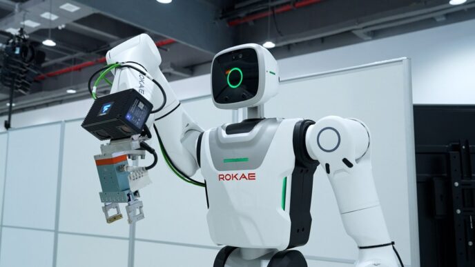 A white ROKAE-branded humanoid robot with a green face display working at an assembly station inside Schaeffler's Taicang factory