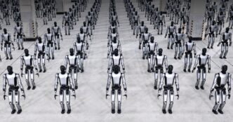 Rows of silver-and-black UBTech Walker S2 humanoid robots standing in formation on a grey concrete floor in a large hall