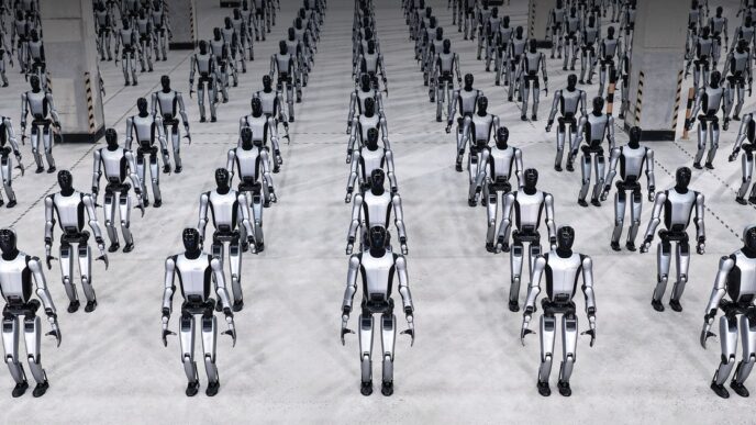 Rows of silver-and-black UBTech Walker S2 humanoid robots standing in formation on a grey concrete floor in a large hall