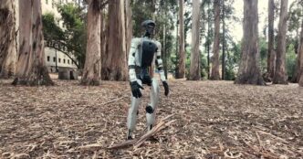 White Unitree G1 humanoid robot standing on a carpet of dry eucalyptus leaves among tall eucalyptus trees, from the SuperMimic project video