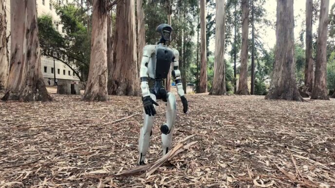 White Unitree G1 humanoid robot standing on a carpet of dry eucalyptus leaves among tall eucalyptus trees, from the SuperMimic project video