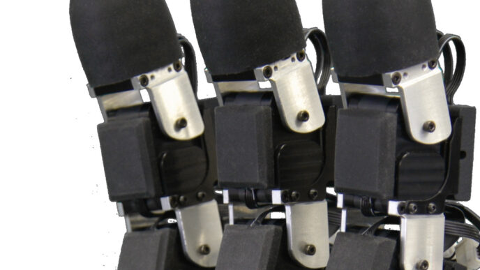 Close-up of robot fingers with black rounded fingertips and black uSkin tactile sensor pads above silver joints, against a white background
