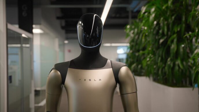 Tesla's Optimus humanoid robot with a black glossy head and champagne-colored torso marked TESLA, standing in an office corridor beside tall plants