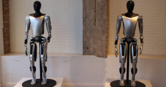 Two silver-and-black Tesla Optimus humanoid robot prototypes standing on pedestals in front of a white brick wall