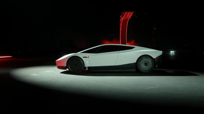 Side profile of the white second-generation Tesla Roadster under a spotlight on a dark stage, with a red-lit ramp behind it