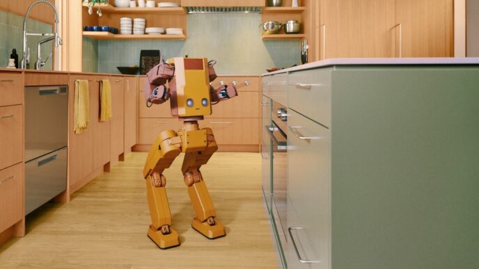 Tuesday Labs' orange two-legged Voxel robot with a boxy head, pixel eyes and two jointed arms standing in a wood-paneled home kitchen