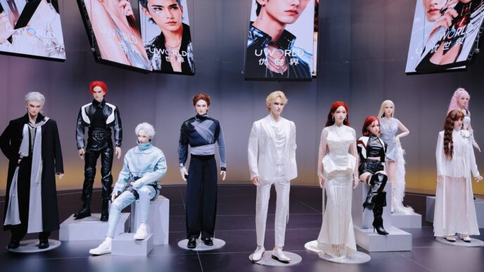 A row of lifelike UBTech UWORLD U1 humanoid robots in fashion outfits standing and sitting on display pedestals under UWORLD screens