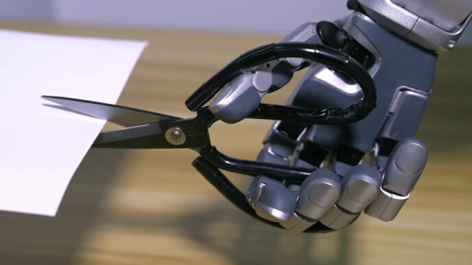 Grey and silver robotic hand gripping black scissors that are cutting a sheet of white paper on a wooden table