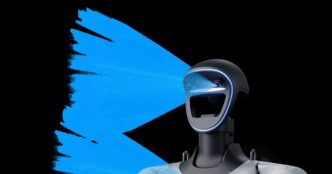 Unitree G1+ humanoid robot head and upper torso against black, with blue sensor-field graphic from the head cameras