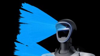 Unitree G1+ humanoid robot head and upper torso against black, with blue sensor-field graphic from the head cameras