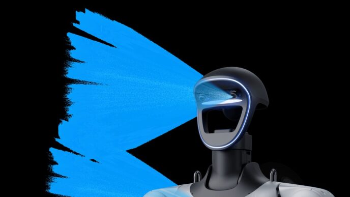 Unitree G1+ humanoid robot head and upper torso against black, with blue sensor-field graphic from the head cameras