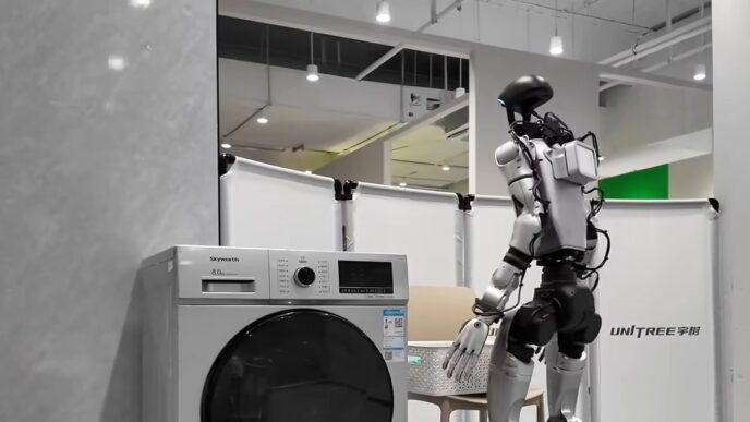 A silver and black Unitree humanoid robot with a glowing blue visor standing beside a front-loading washing machine and a laundry basket in a white test room with the Unitree logo on a partition