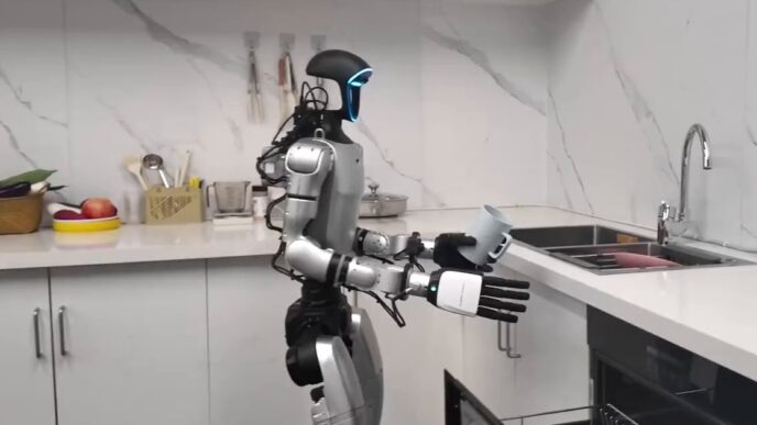 Silver and black Unitree humanoid robot standing in a white kitchen, holding a mug above an open dishwasher drawer