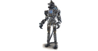 Full-body front view of the early hydraulic Atlas humanoid robot, with a sensor-cluster head, two arms with three-fingered hands and two legs, standing on a plain white background