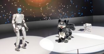 A Unitree G1 humanoid robot waving one arm on a lit stage next to a black-and-white cat-like companion robot