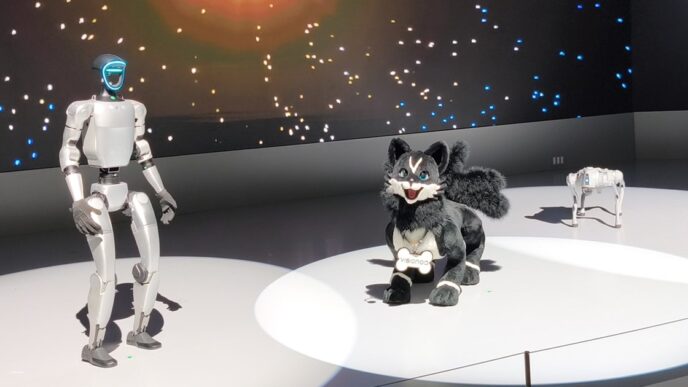 A Unitree G1 humanoid robot waving one arm on a lit stage next to a black-and-white cat-like companion robot