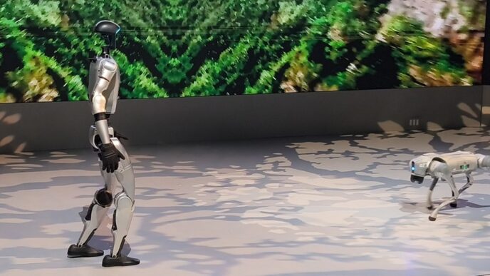 Unitree G1 humanoid robot walking across a stage at Japan Mobility Show 2025 with a robot dog in the background