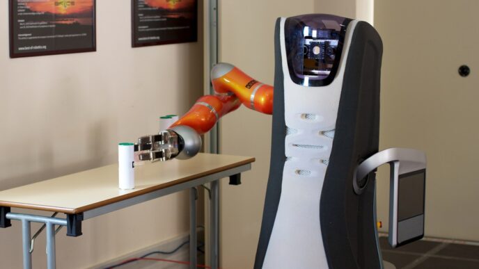 Orange robot arm with a silver three-fingered gripper on a Care-O-bot service robot, reaching for a small white canister with a green cap on a table