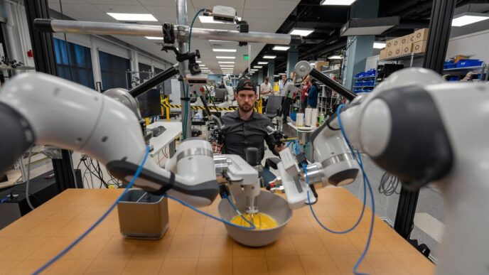 Toyota Research Institute bimanual robot with two white robot arms whisking eggs in a bowl on a wooden table while a researcher behind it holds teleoperation controllers in a robotics lab