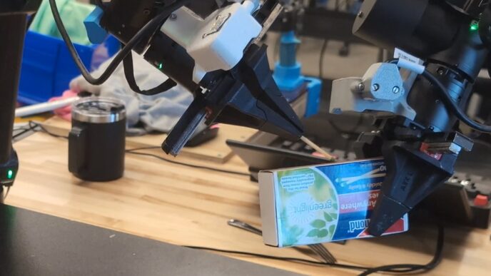 Two robot arms with black parallel-jaw grippers and wrist cameras striking a match against a matchbox on a wooden lab workbench