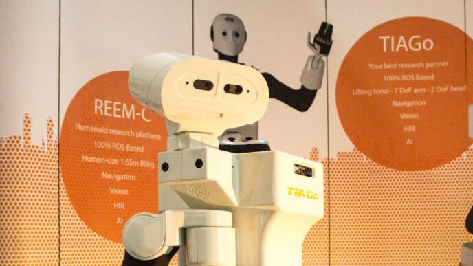 PAL Robotics TIAGo mobile manipulator robot at a RoboCup exhibit stand, with a REEM-C humanoid robot behind it