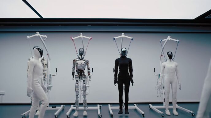 Four XPENG IRON humanoid robots hang from white support stands in a bright studio: one in a white covering, one with its metal frame and wiring exposed, one in black and one in white